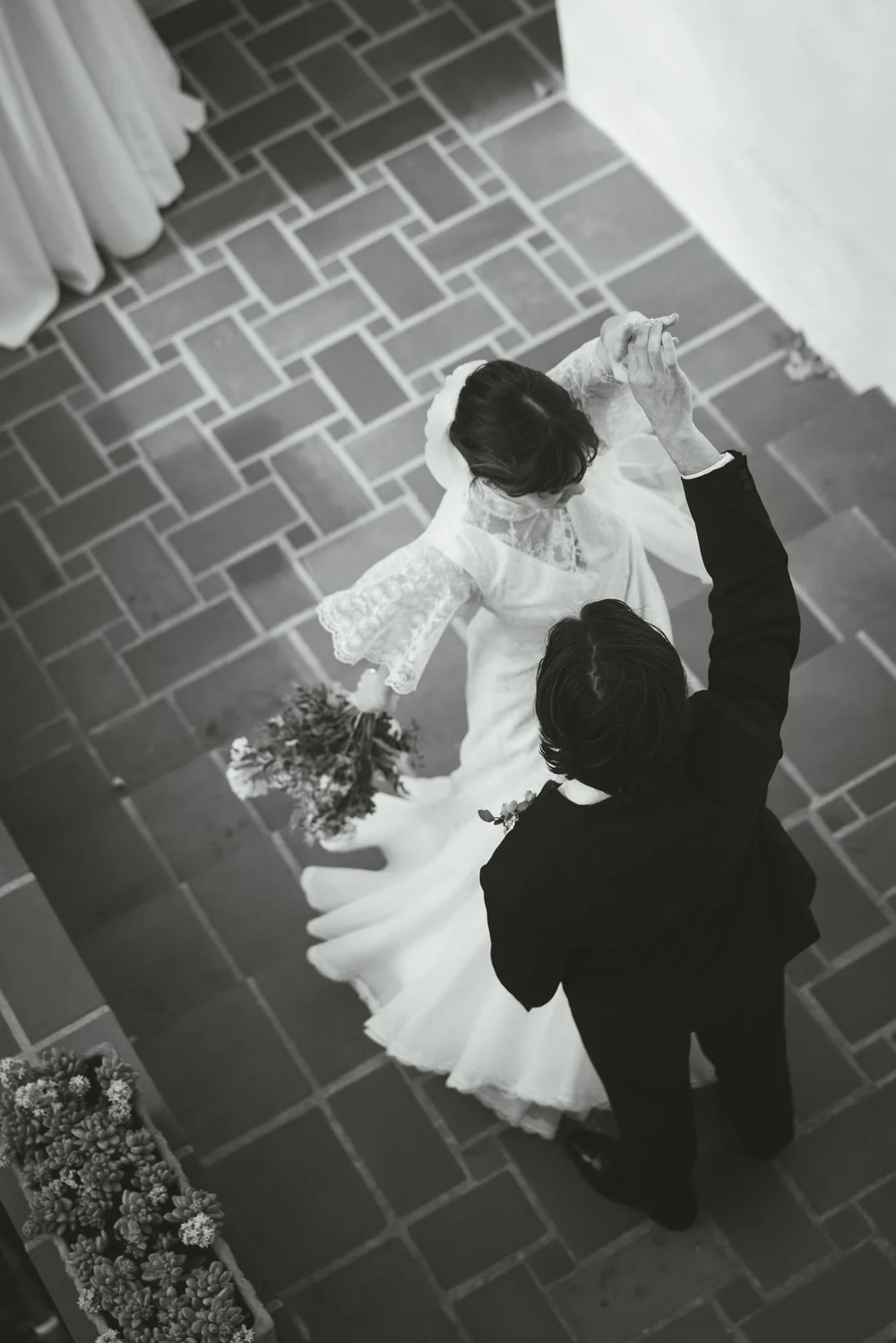 Wedding portrait on the tiled patio at King Gillette Ranch in Calabasas