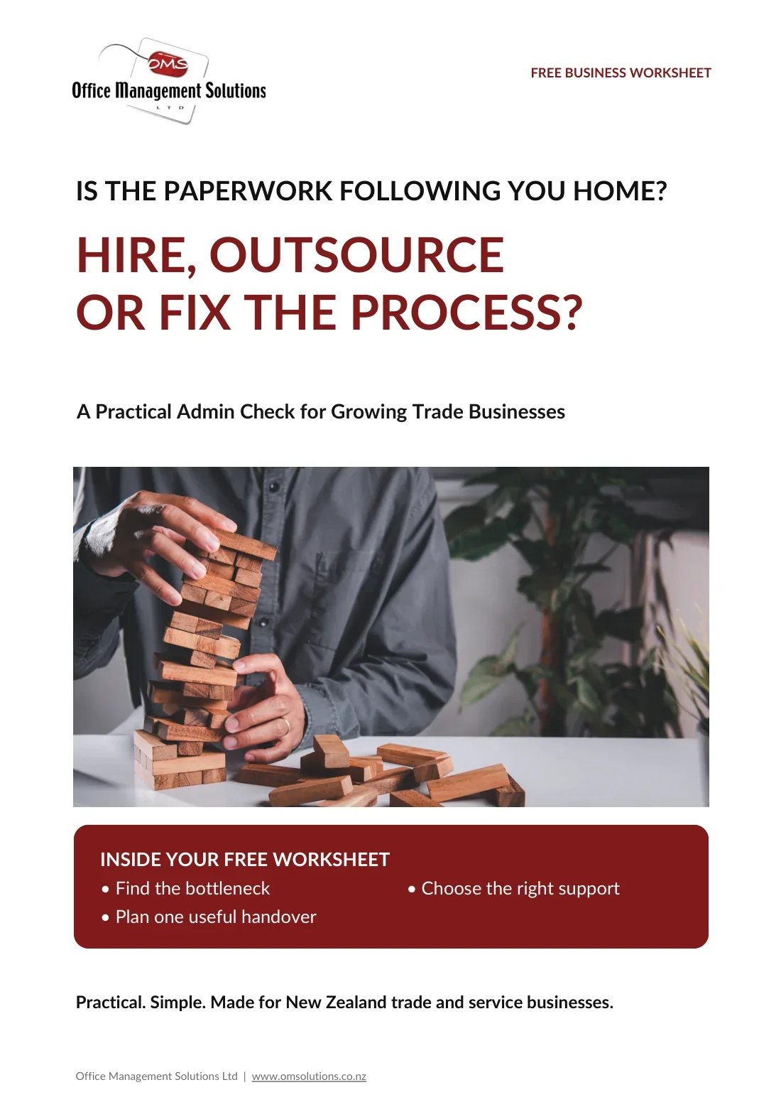Actual front cover of the OMS Hire, Outsource or Fix the Process? free business worksheet