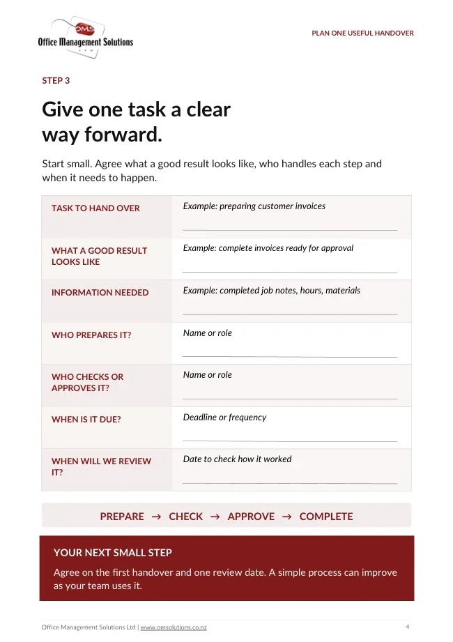 Preview of page four, showing the actual OMS worksheet fields for a clear task handover