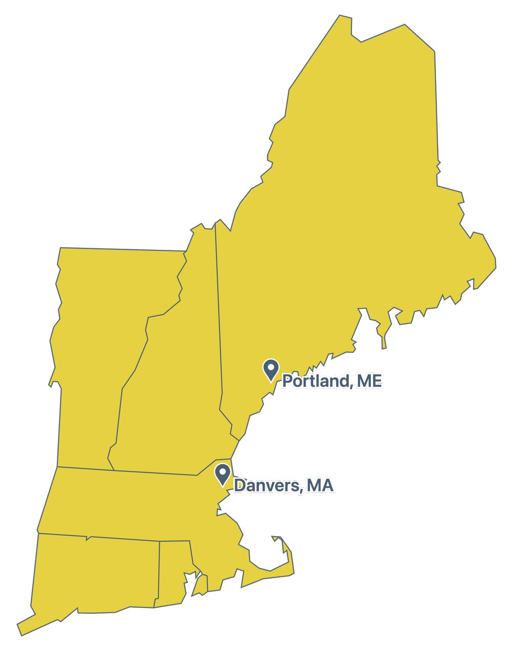 Map of New England showing the states Optimum Construction builds in, with offices marked in Portland, Maine and Danvers, Massachusetts