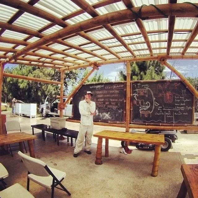 Completed bamboo outdoor classroom · visiting educator Bradley Mason from Lahaina Luna