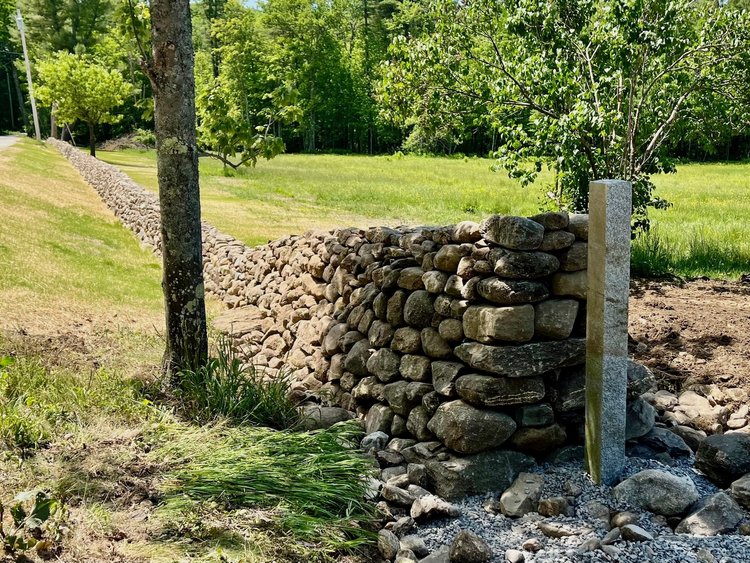 FIELDSTONE FENCE, 140’x3’ roadside dry stone fence restoration using fieldstone from the original wall, Walpole, NH, 2023.