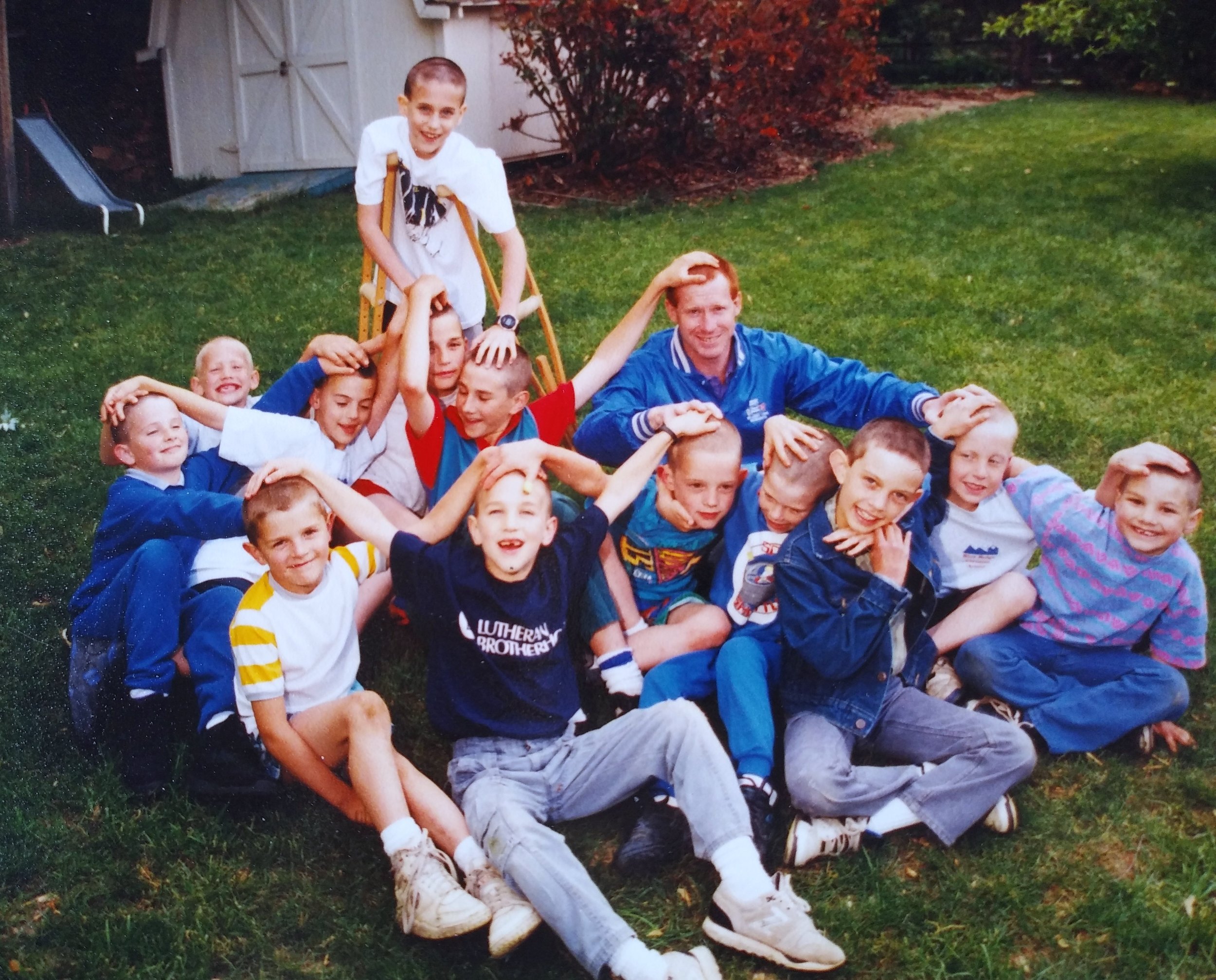 Josh’s friends shaving their heads in solidarity