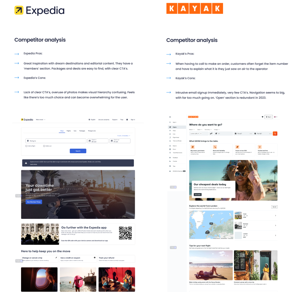 Competitor analysis — Expedia and Kayak homepages annotated