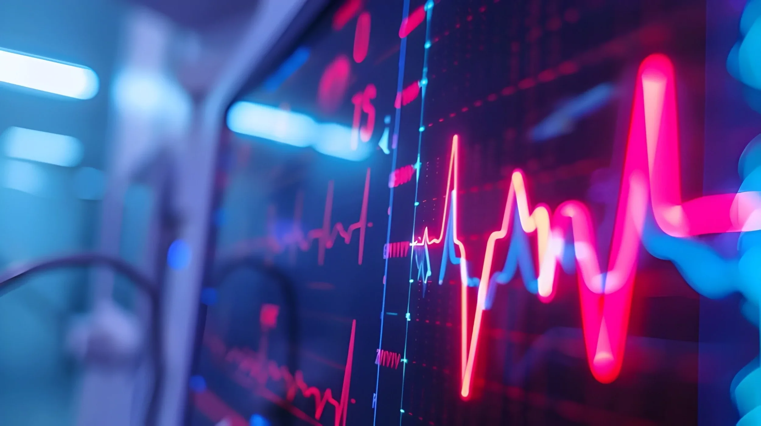 Hospital patient-monitor display showing heart-rhythm data in a clinical care setting.