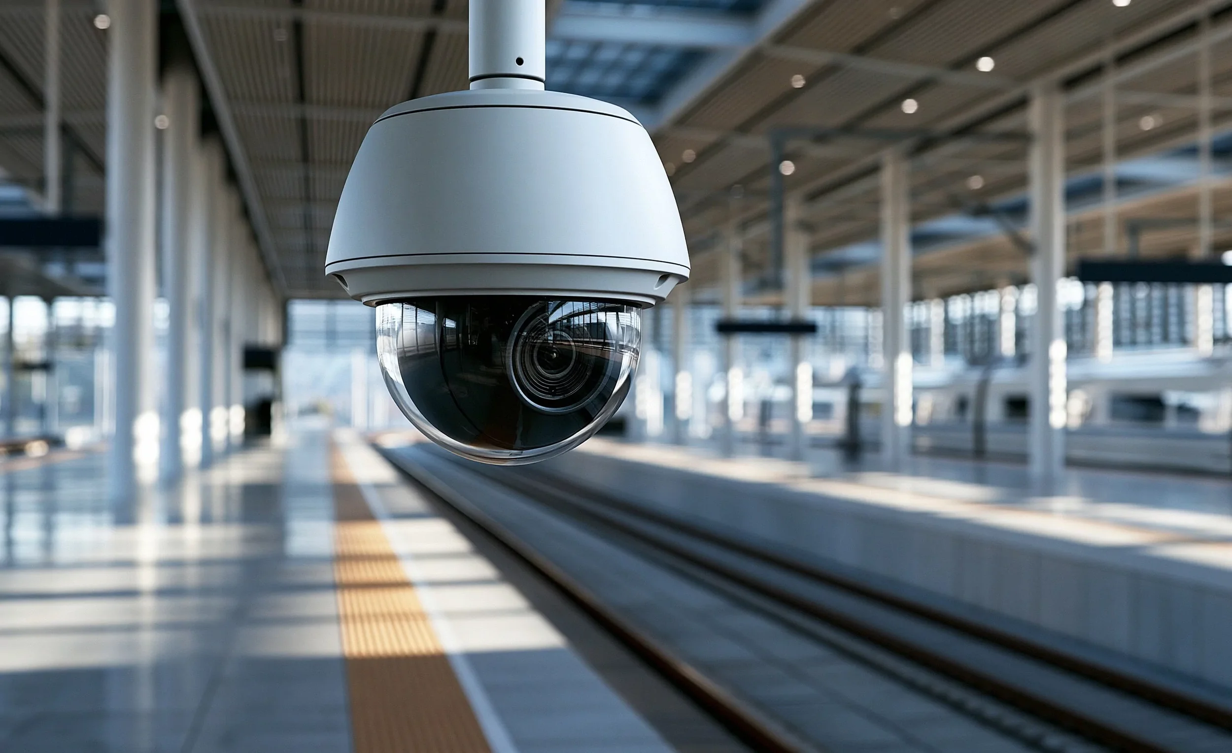 Dome security camera in a modern transportation setting, illustrating surveillance evidence in a negligent-security investigation.