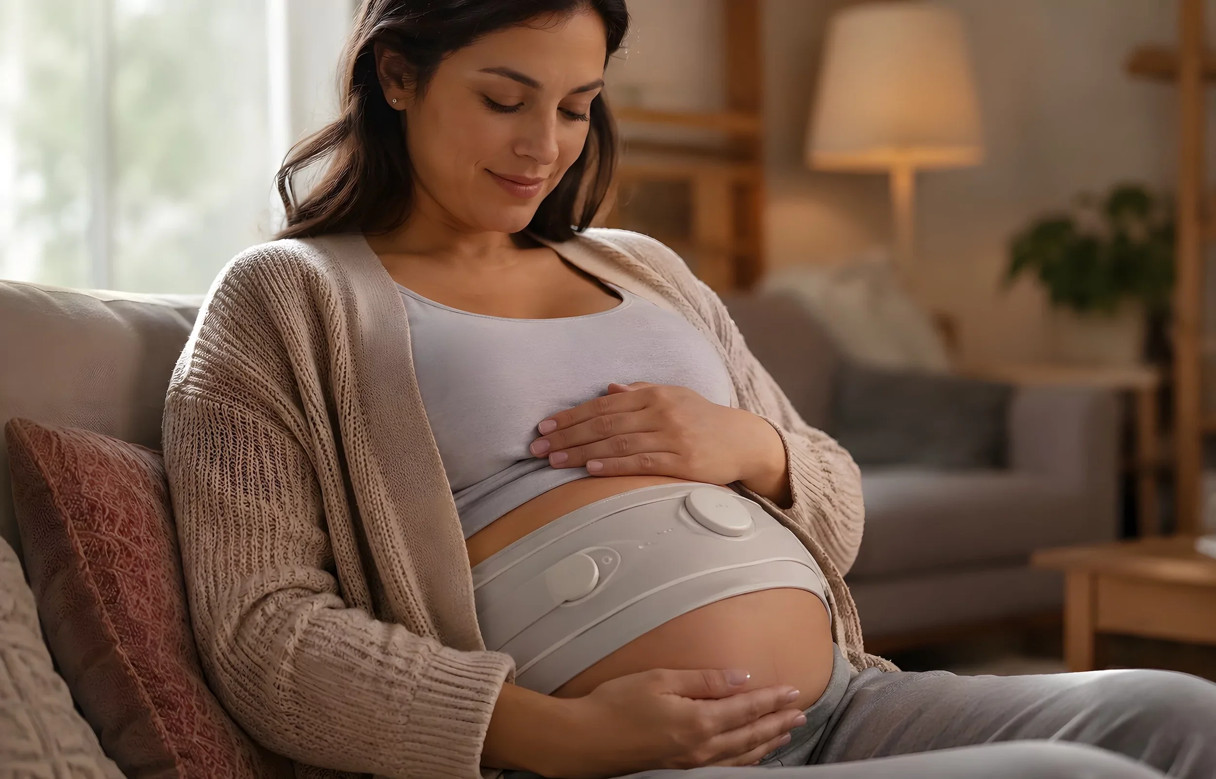 Pregnant woman seated with a fetal-monitoring belt around her abdomen.