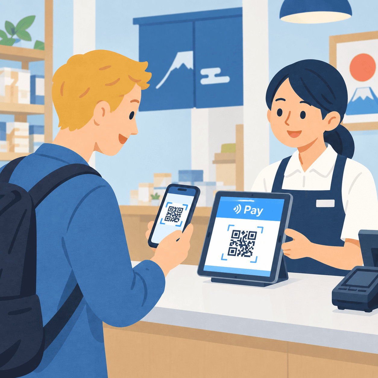 店頭でQRコードを読み取ってスマホ決済する様子
