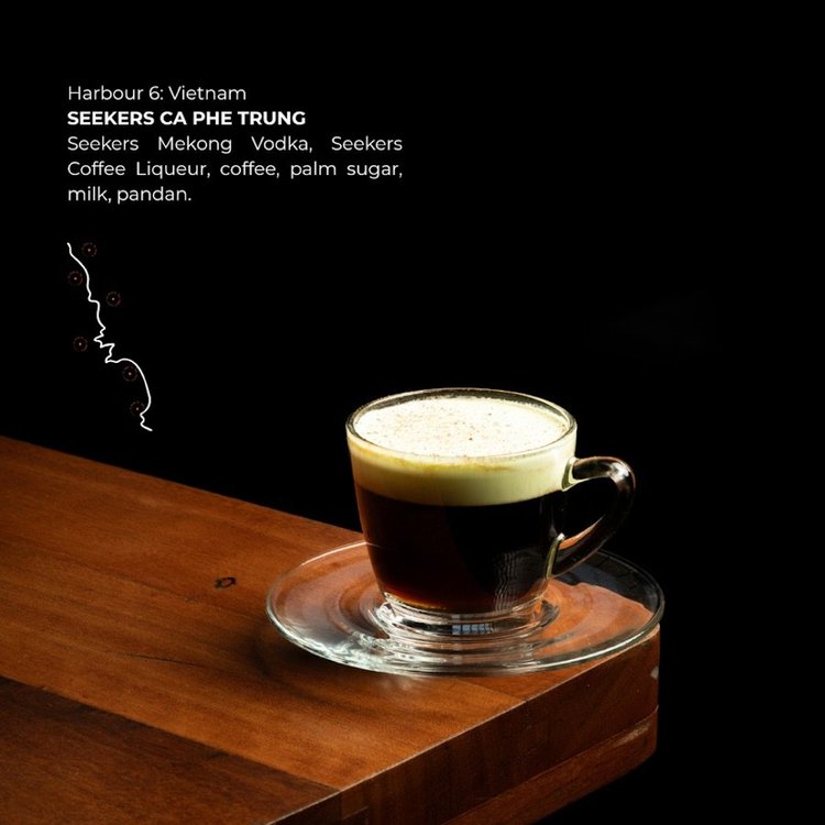 Harbour 6: Vietnam — Seekers Ca Phe Trung. Seekers Mekong Vodka, Seekers Coffee Liqueur, coffee, palm sugar, milk, pandan.