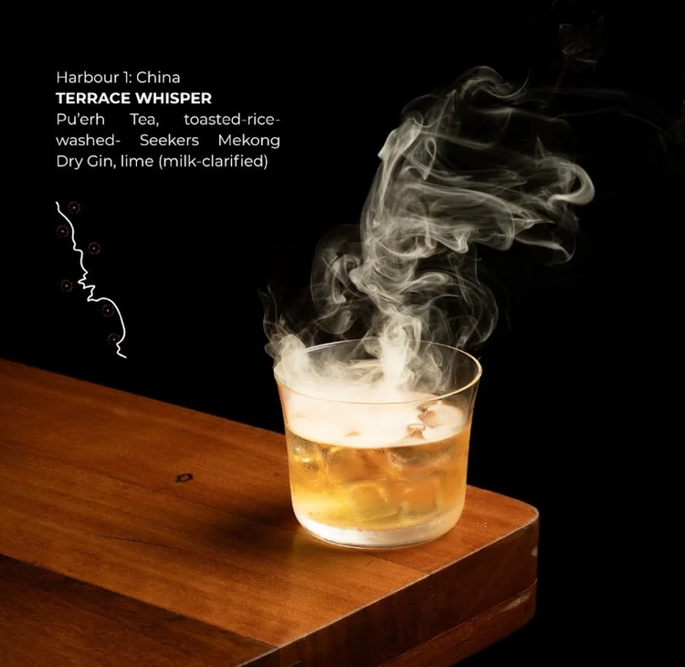 Harbour 1: China — Terrace Whisper. Pu'erh tea, toasted-rice-washed Seekers Mekong Dry Gin, lime, milk-clarified.
