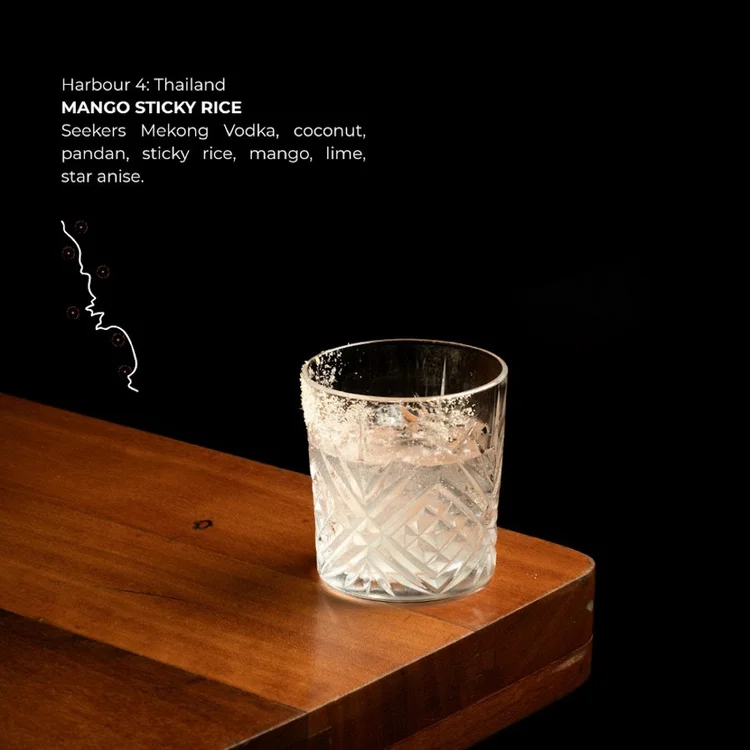 Harbour 4: Thailand — Mango Sticky Rice. Seekers Mekong Vodka, coconut, pandan, sticky rice, mango, lime, star anise.