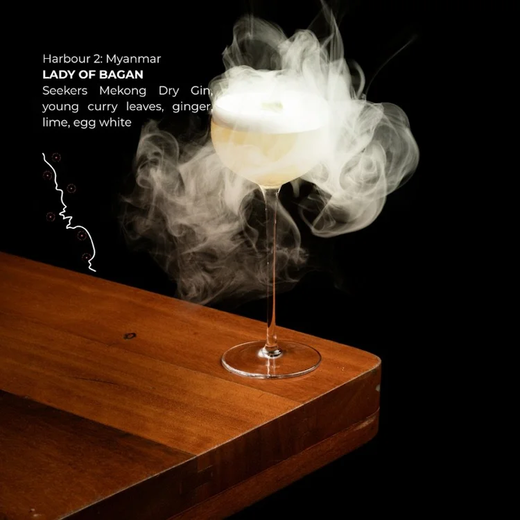 Harbour 2: Myanmar — Lady of Bagan. Seekers Mekong Dry Gin, young curry leaves, ginger, lime, egg white.