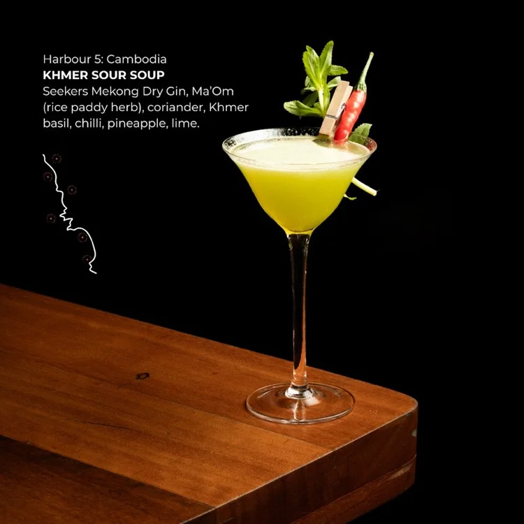 Harbour 5: Cambodia — Khmer Sour Soup. Seekers Mekong Dry Gin, Ma'Om rice paddy herb, coriander, Khmer basil, chilli, pineapple, lime.