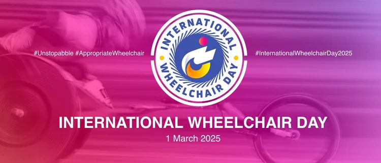 A graphic poster with international wheelchair day logo, theme and date
