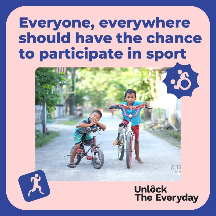 Graphic with text saying “Everyone, everywhere should have the chance to participate in sport”. Displayed with picture of two boys on a bike.
