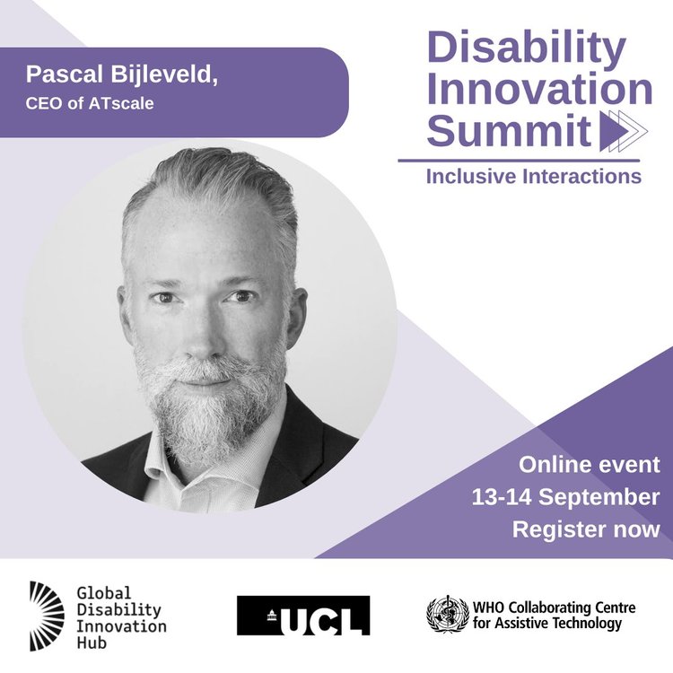 Social media tile to promote the Disability Innovation Summit with photo of ATscale Pascal Bijlveld