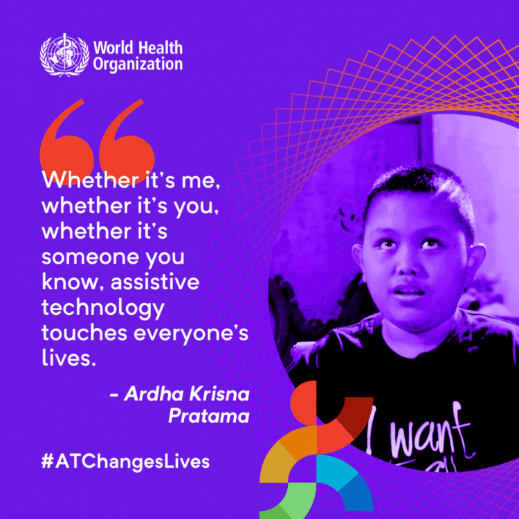 social media tile as part of the GReAT launch shows a blind boy , Ardha Krisna from Pratama with quote, 'Whether it's me, whether it's you, shether it's someone you know, assistive technology touches everyone's lives. 