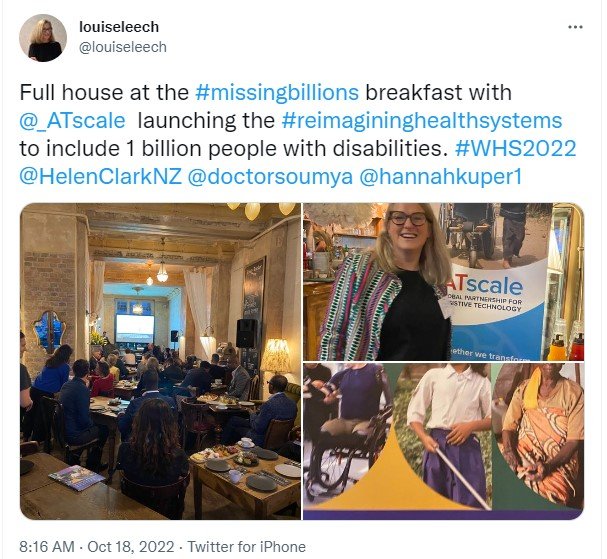 Screen shot of a tweet with three photos from the ATscale breakfast  during the World Health Summit in Berlin.  The quote taken reads, Full house at the missing billion breakfast with ATsccale.  Launching reimagining health systems to include 1 billi