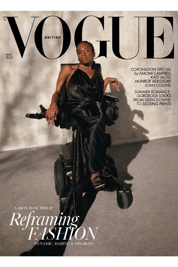 Front cover of Vogue May 2023 featuring Aaron rose in black silk dress sitting in her wheehchair