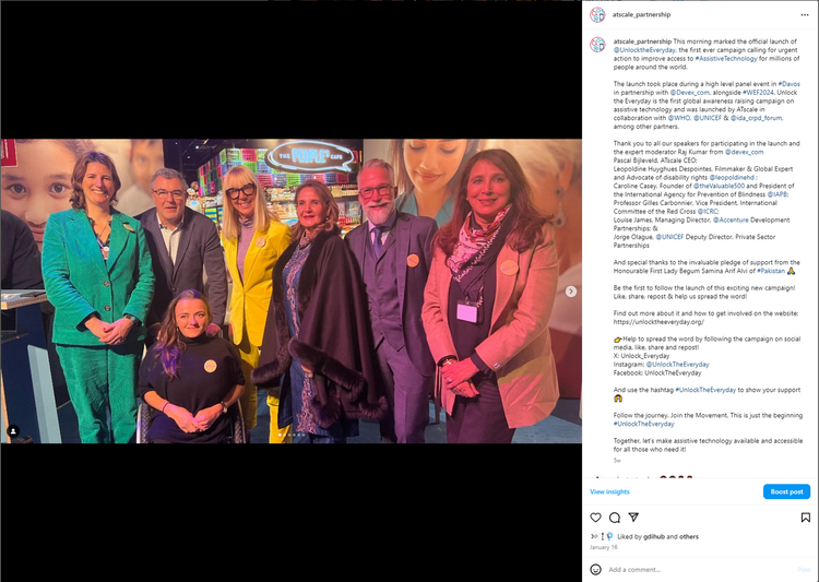 Screenshot of ATscale's top post on Instagram, which features a group photo from the Unlock The Everyday campaign launch event in Davos.