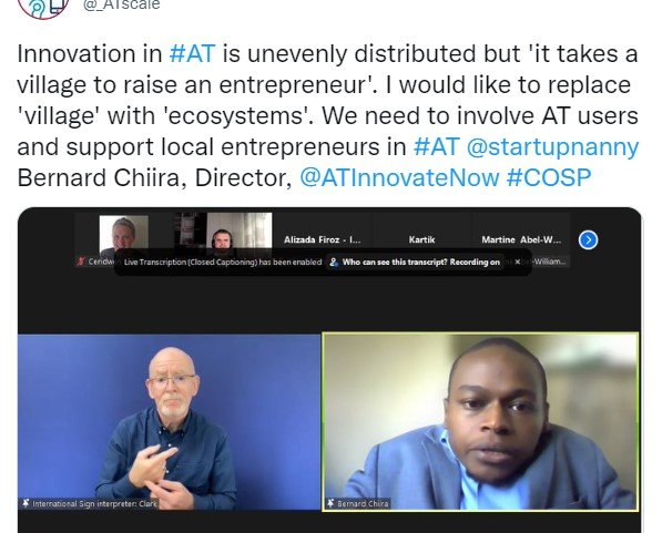 Screen shot of a tweet posted during the COSP15 side event with Bernanrd Chirra on one side of the screen alongside the sign language interpretor.  The quote taken from Bernard's intervention reads, "Innovation in #AT is unevenly distributed but 'it