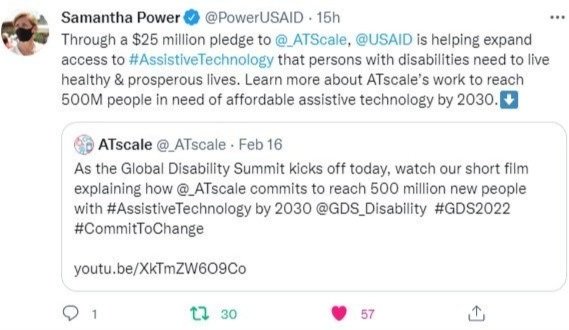 Copy of a Retweet of an ATscale tweet during the GDS22 from Samantha Power where she reaffirms the $25 million pledge to ATscale from USAID