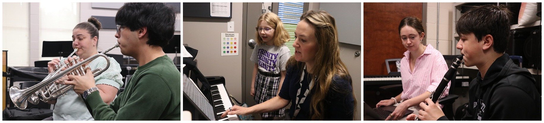 TCS Music Arts Academy teachers working with students on trumpet, piano and clarinet