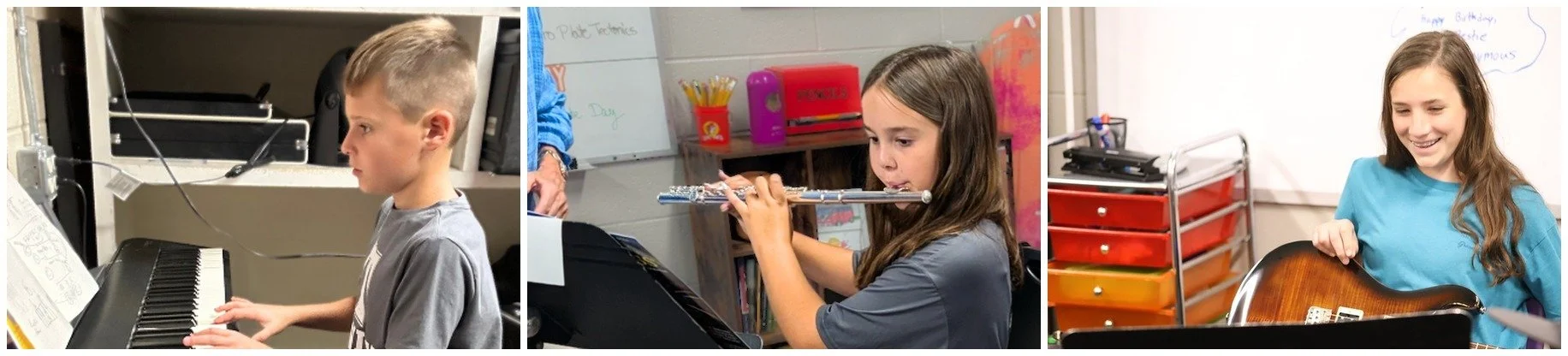 TCS Music Arts Academy students playing piano, flute and guitar