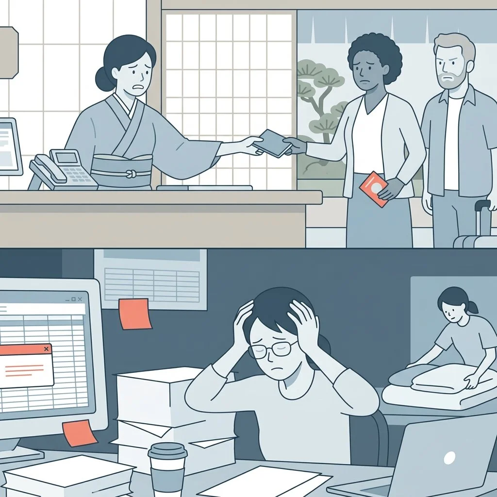 ゲストがスマホでセルフチェックインしている場面