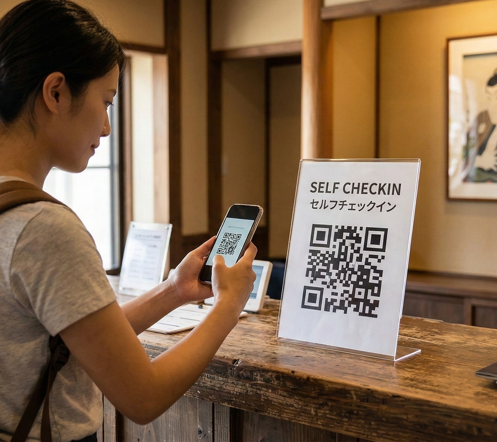 ゲストがスマホでセルフチェックインしている場面