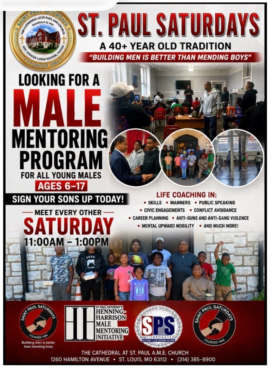 St. Paul Saturdays male mentoring flyer: ages 6–17, every other Saturday, 11 a.m.–1 p.m., at 1260 Hamilton Avenue, St. Louis
