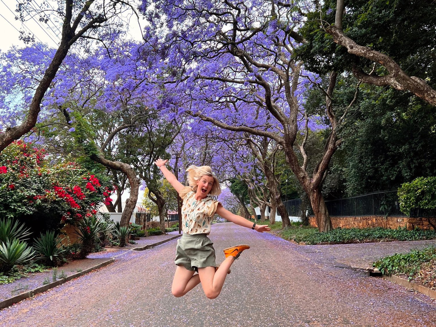 Hannah Pirnie enjoying jacaranda season on a residential street in Johannesburg