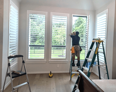HTX Shutters install team performing a plantation shutter installation