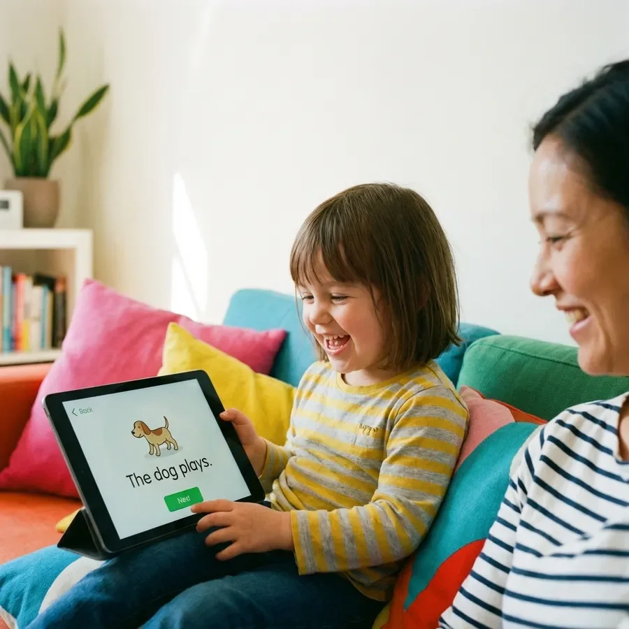 A young child laughing while reading on a tablet beside a parent