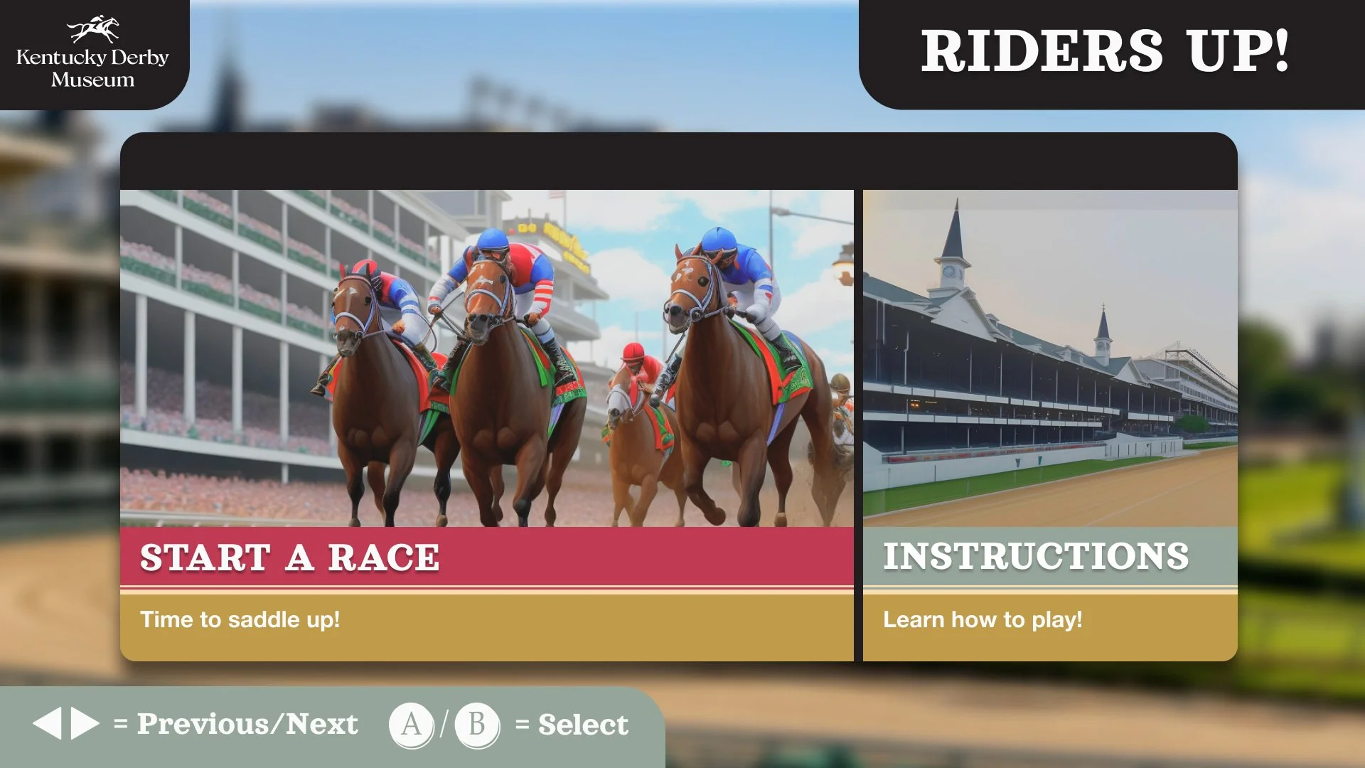 Riders Up start screen for the Kentucky Derby Museum, showing Start a Race and Instructions options with horse racing imagery.