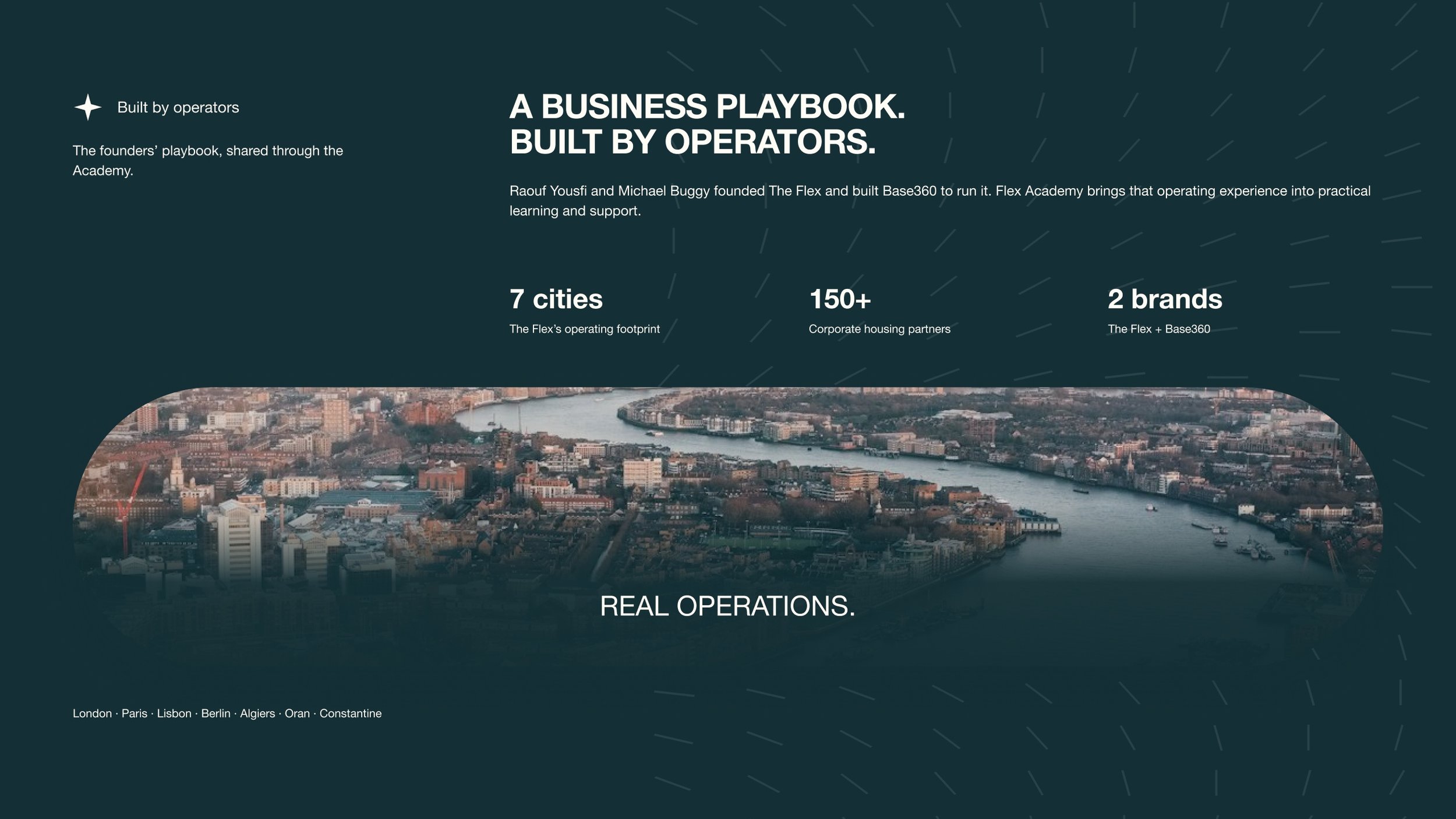 Founder and operating experience section connecting Flex Academy to The Flex and Base360