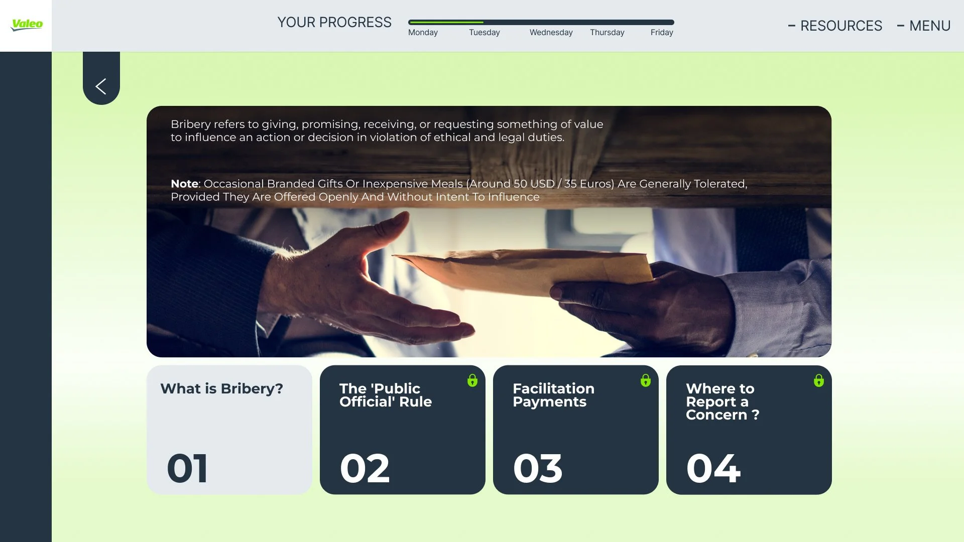 Anti-bribery guidance with four numbered tabs
