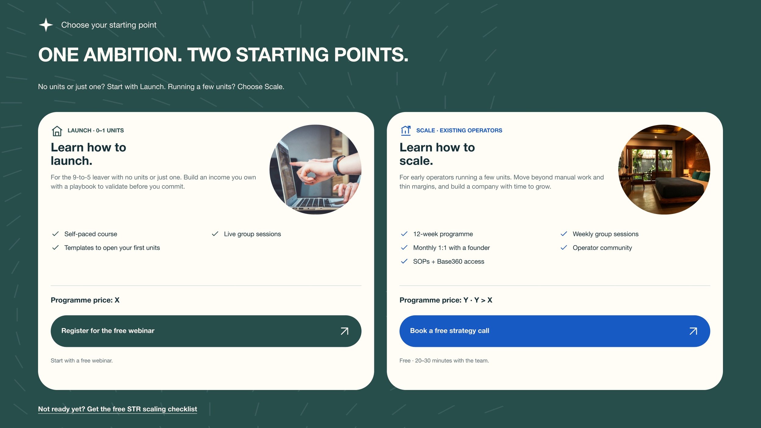 Launch and Scale programme cards with benefits, placeholder prices and distinct CTAs