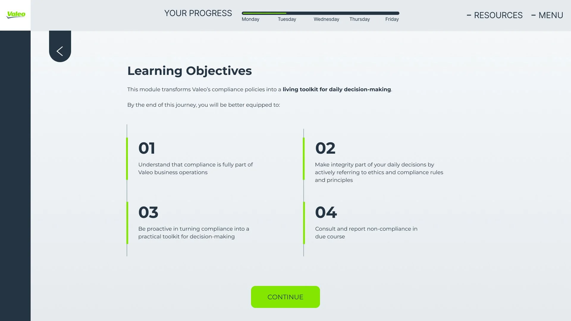 Learning objectives with four outcomes and a Continue action
