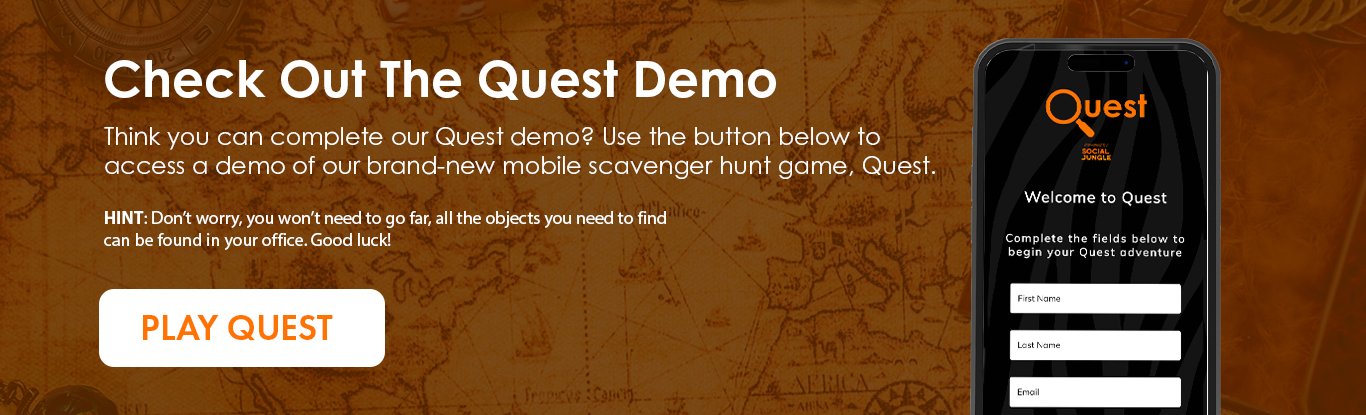 Try a demo of Quest, our new scavenger hunt game. Image shows game screen on iPhone and a treasure map background.