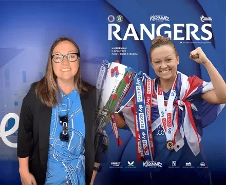 AI photo booth hire Glasgow — fan posed alongside AI-generated Rangers FC matchday programme at Ibrox by Social Jungle