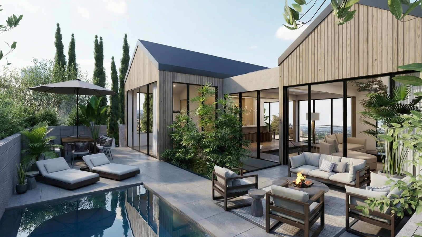 Letter Four Inc California New Home Build Exterior Rear Pool and Outdoor Living, financed by BuildBuyRefi Home Loans