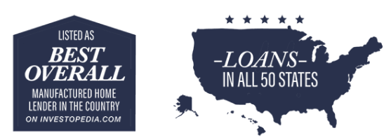 Best Manufactured Home Lender By Investopedia House Icon and Map Of US icon representing loans in 50 states.