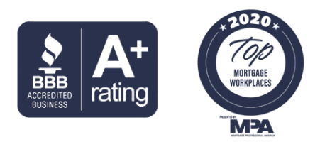 Better Business Bureau A+ rating logo and Top Mortgage Workplaces by Mortgage Professionals Association