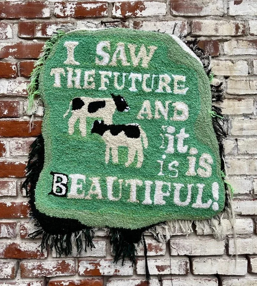 Green GAUDMOTHER rug reading I saw the future and it is beautiful