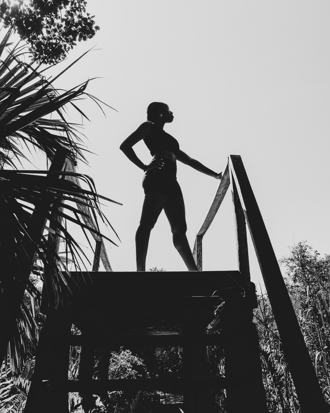 Silhouette of Biola standing on an elevated wooden platform against the sky