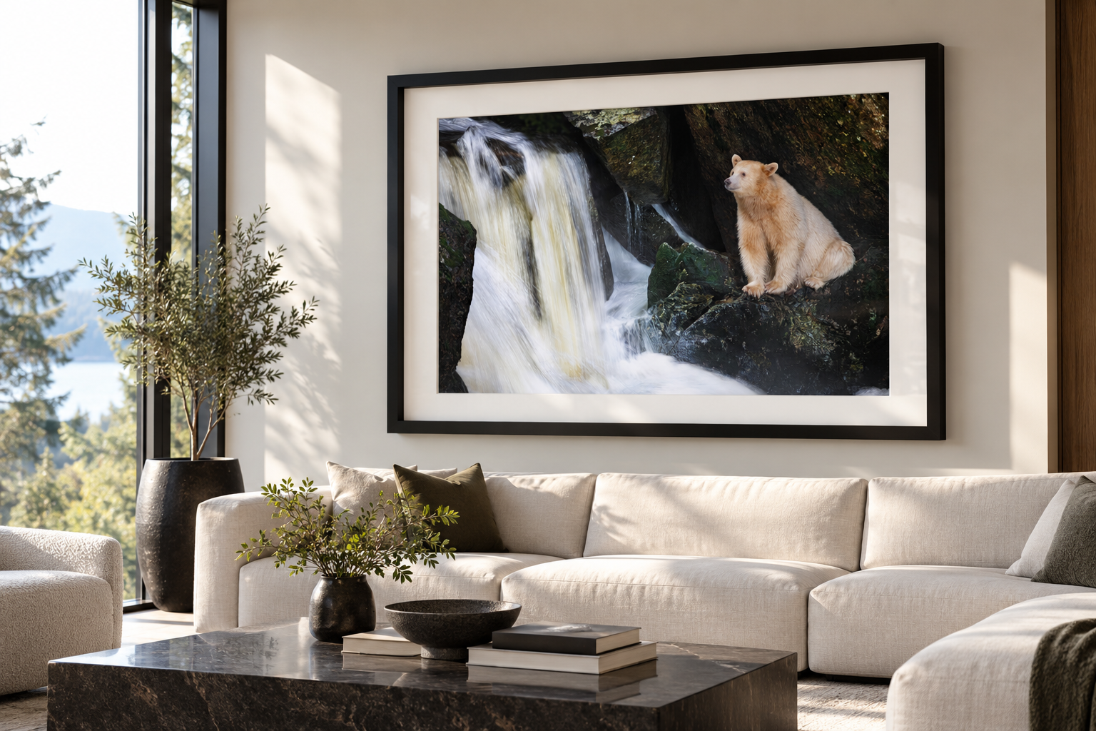 Illustrative living-room mock-up of Wild Spirit in a deep black frame with white mat