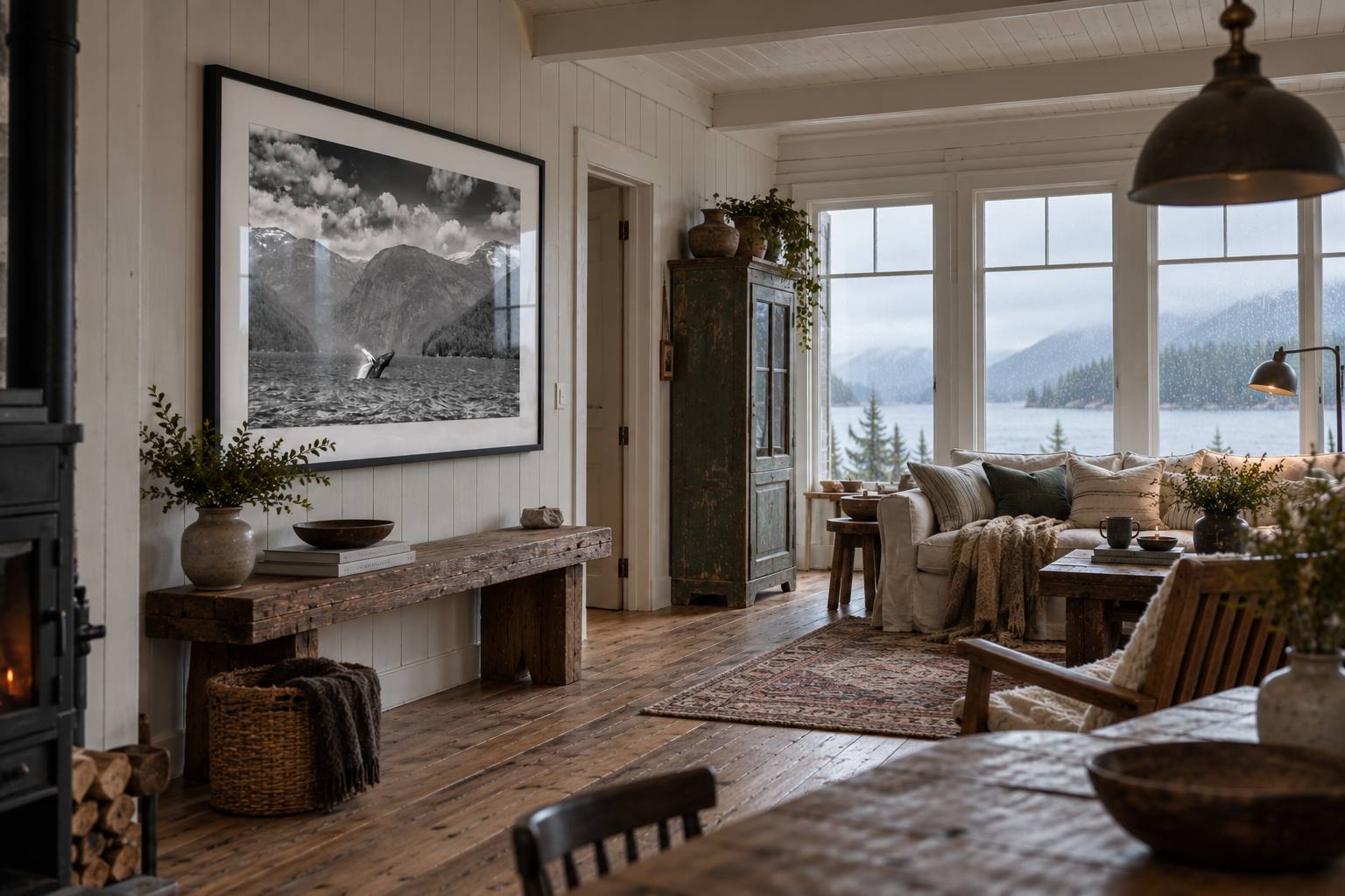 Framed black and white whale photograph in a coastal cottage