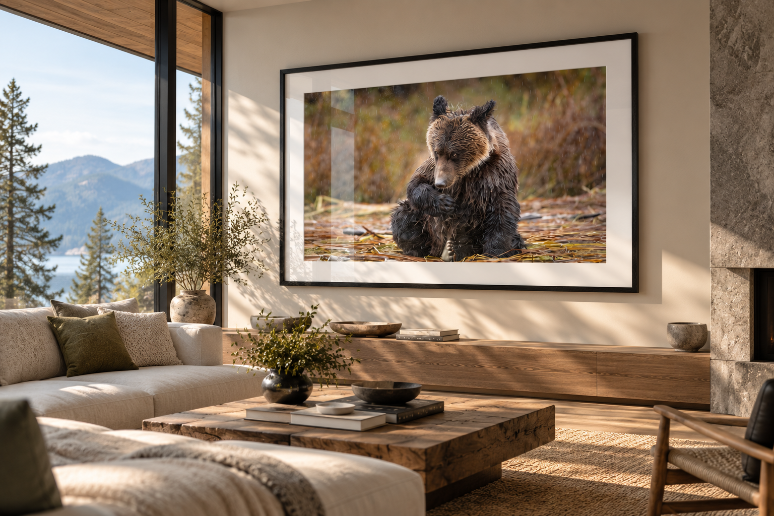 Framed fine art bear photograph in a contemporary mountain home