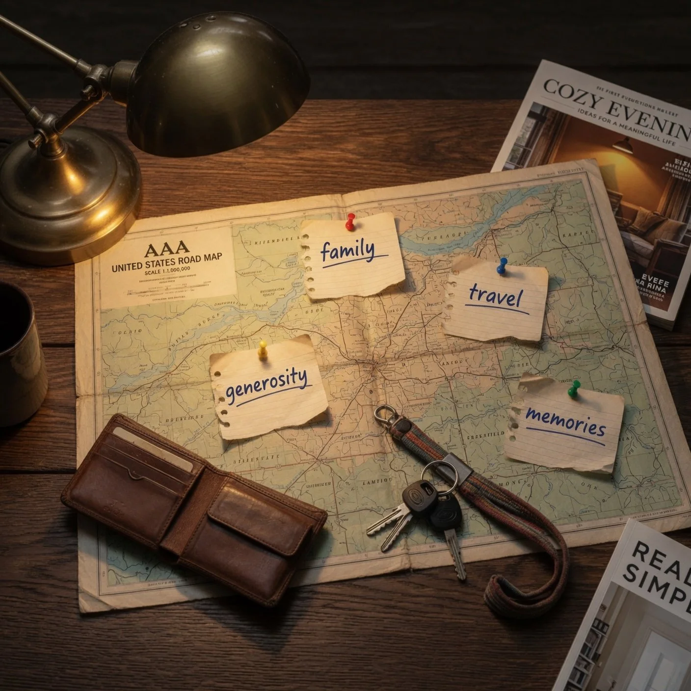 A retirement road-trip scene with travel items and financial planning cues, representing money as a tool for living well.